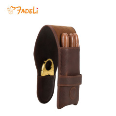 FADELI Cigar Bag Pouch Leather Tube Portable Leather Cigar Case 3 Slots Humidor Travel Case Carrying Box