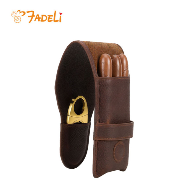 FADELI Cigar Bag Pouch Leather Tube Portable Leather Cigar Case 3 Slots Humidor Travel Case Carrying Box