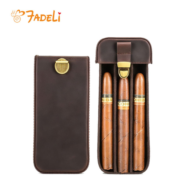 FADELI Cigar Case Portable Genuine Leather Cigar Box Humidor Detachable Tray Embossed Logo Travel Cigar Organizer Case Holder