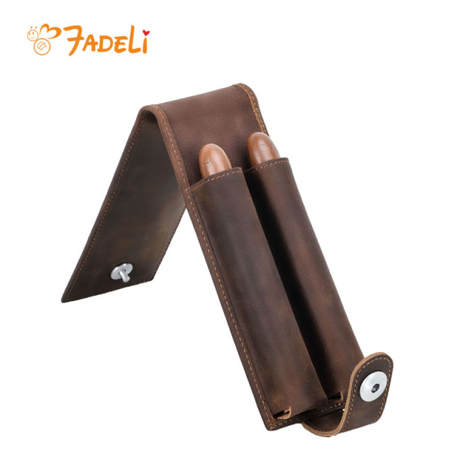 FADELI Cigar Case Portable Genuine Leather Cigar Tube Pouch 2 Slot Travel Cigarette Holder Bag