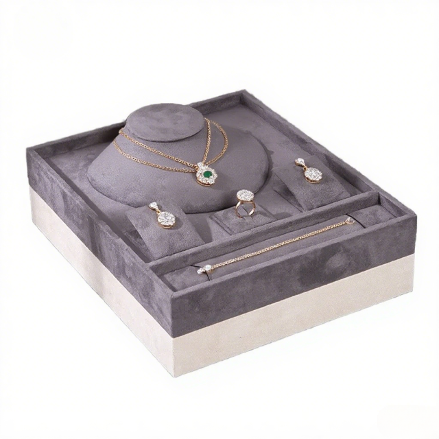 FADELI Luxury Unique Cream Gray Velvet Jewelry Presentation Tray Stackable Necklace Bracelet Jewelry Storage Display Tray