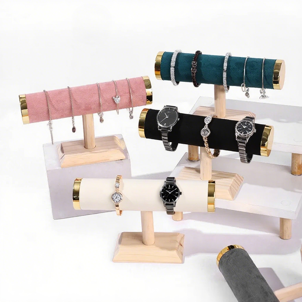 FADELI Retail Hot Sale T- Bar Solid Wooden Velvet Bracelet Bangle Jewelry Organizer Stand Jewelry Display