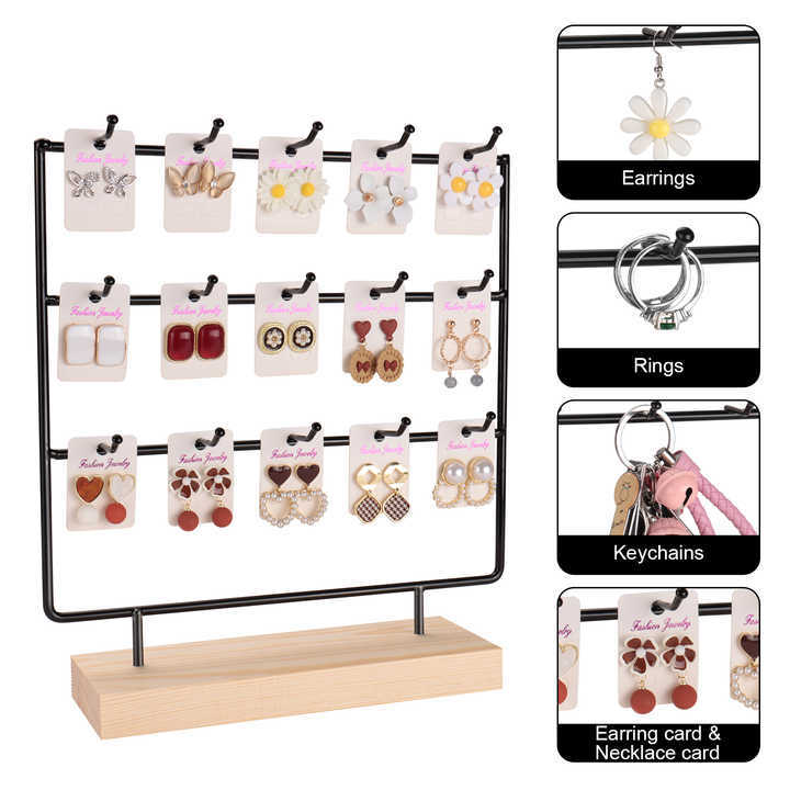 Earring Rack Organizer Earring Display Rack Jewelry Display Rack Wooden Necklace Base Ring Bracelet Black 4 Layers 24 Hooks