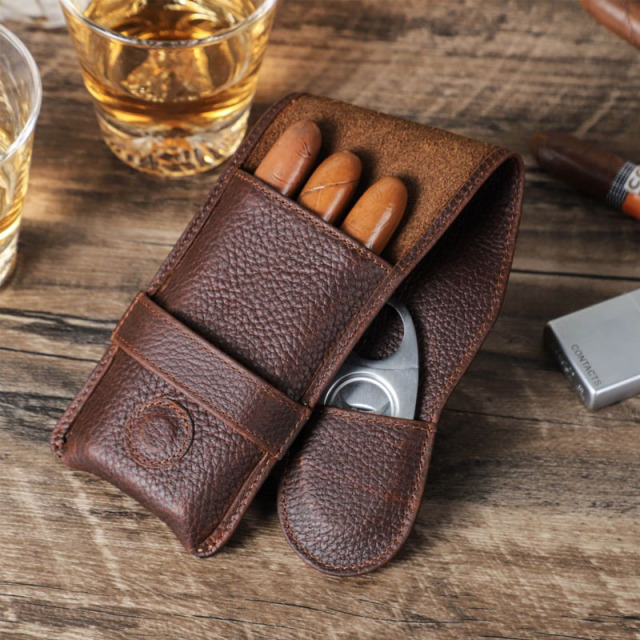 FADELI Cigar Bag Pouch Leather Tube Portable Leather Cigar Case 3 Slots Humidor Travel Case Carrying Box