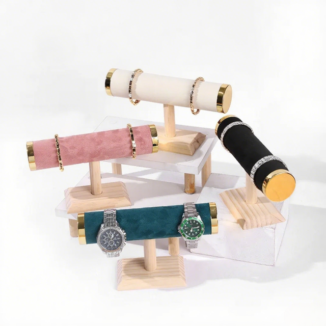 FADELI Retail Hot Sale T- Bar Solid Wooden Velvet Bracelet Bangle Jewelry Organizer Stand Jewelry Display