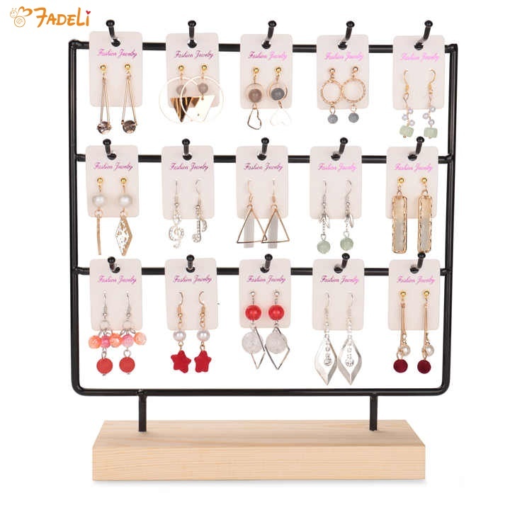 Earring Rack Organizer Earring Display Rack Jewelry Display Rack Wooden Necklace Base Ring Bracelet Black 4 Layers 24 Hooks