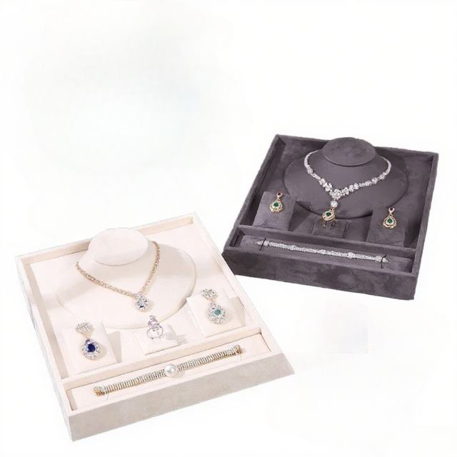 FADELI Luxury Unique Cream Gray Velvet Jewelry Presentation Tray Stackable Necklace Bracelet Jewelry Storage Display Tray