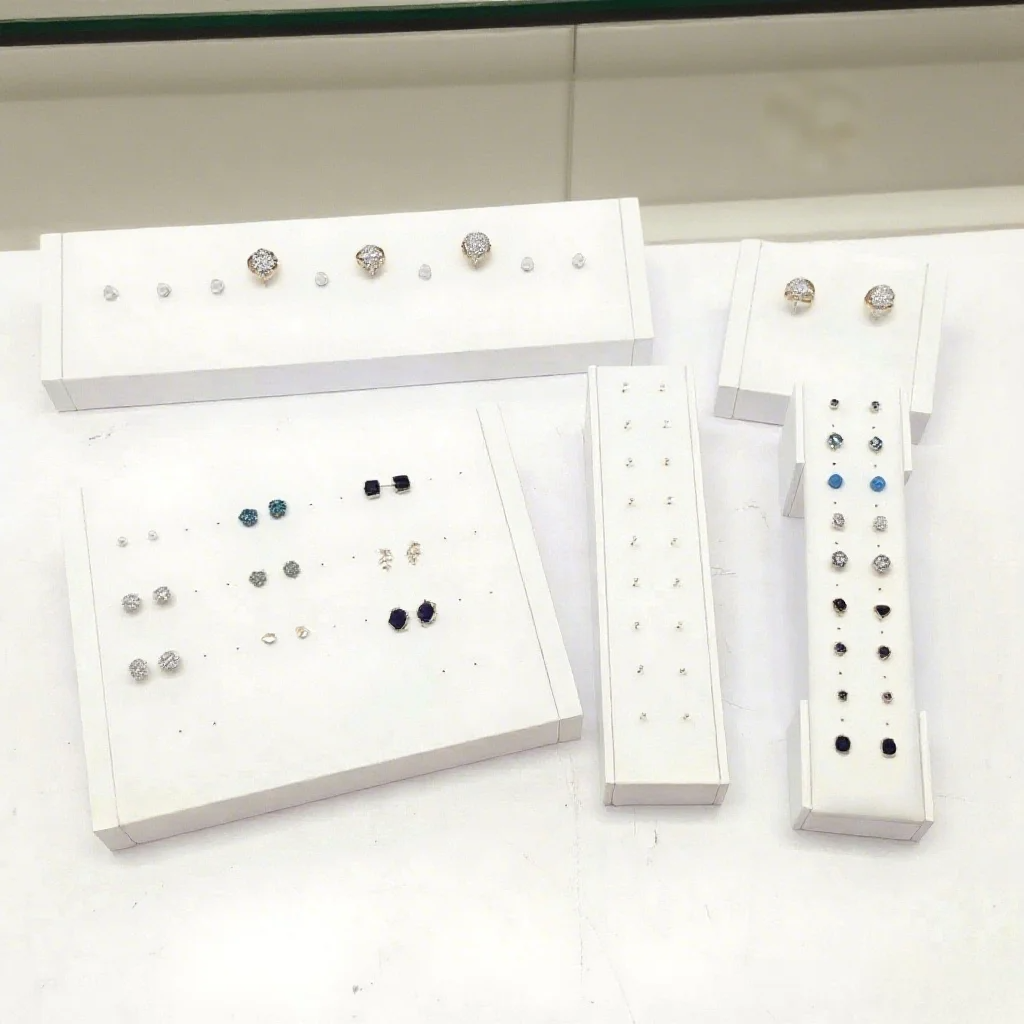 FADELI Factory Custom Piercing Jewelry Display White Pu Leather Stud Earring Display Stand with Silkscreen Gold logo Ring Display