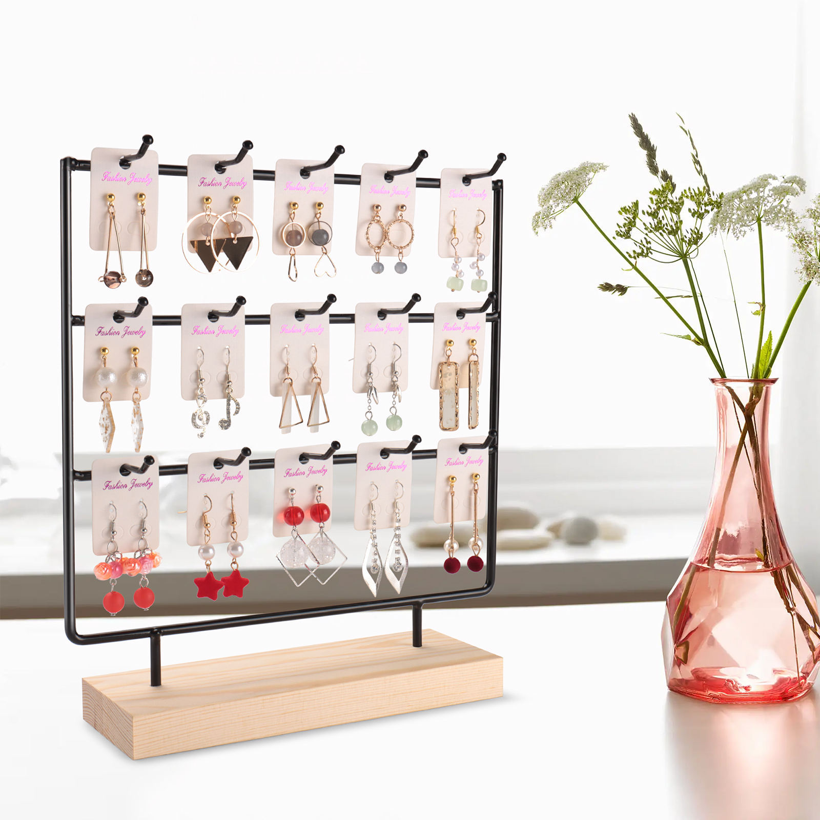 Earring Rack Organizer Earring Display Rack Jewelry Display Rack Wooden Necklace Base Ring Bracelet Black 4 Layers 24 Hooks