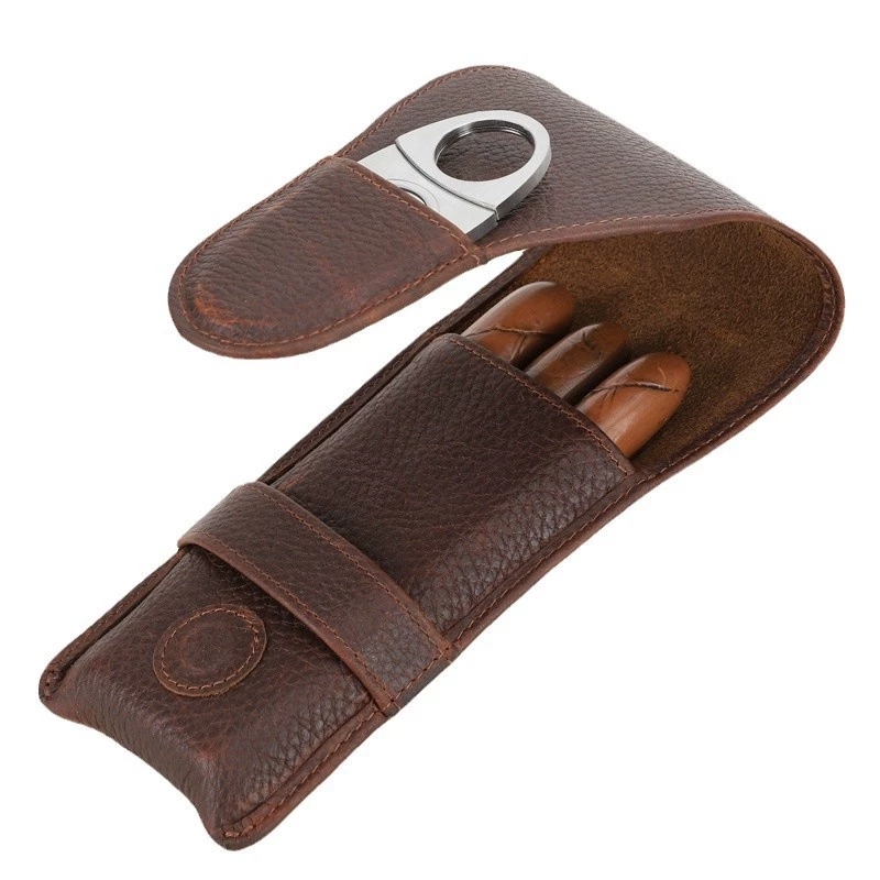 FADELI Cigar Bag Pouch Leather Tube Portable Leather Cigar Case 3 Slots Humidor Travel Case Carrying Box