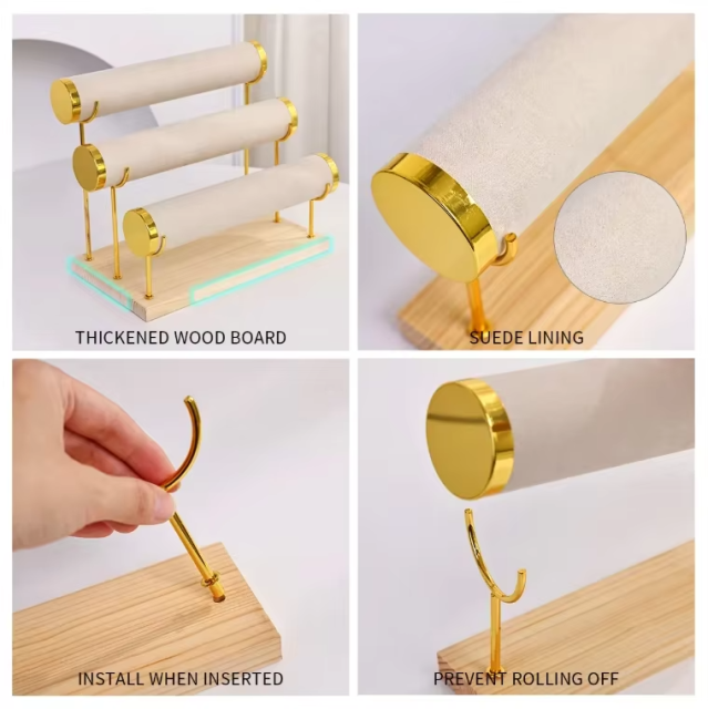 FADELI 3 Tiers Detachable Bracelet Holder Velvet Jewelry Display Stand Stylish Wrist Watch Organizer Stand Holder with Wooden Tray