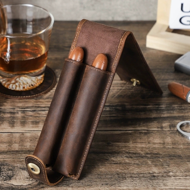 FADELI Cigar Case Portable Genuine Leather Cigar Tube Pouch 2 Slot Travel Cigarette Holder Bag