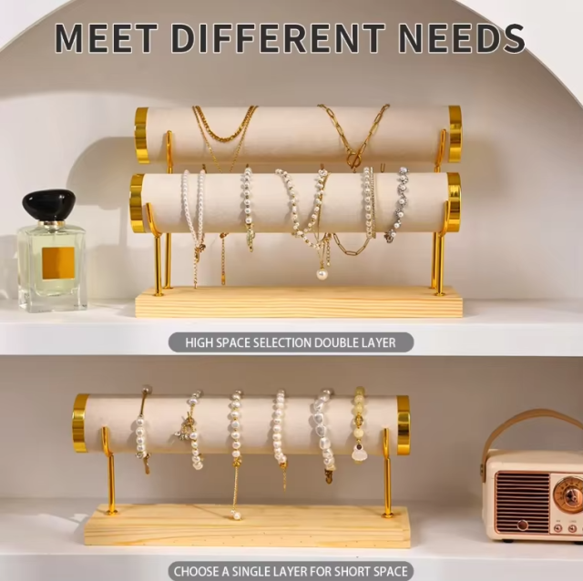 FADELI 3 Tiers Detachable Bracelet Holder Velvet Jewelry Display Stand Stylish Wrist Watch Organizer Stand Holder with Wooden Tray