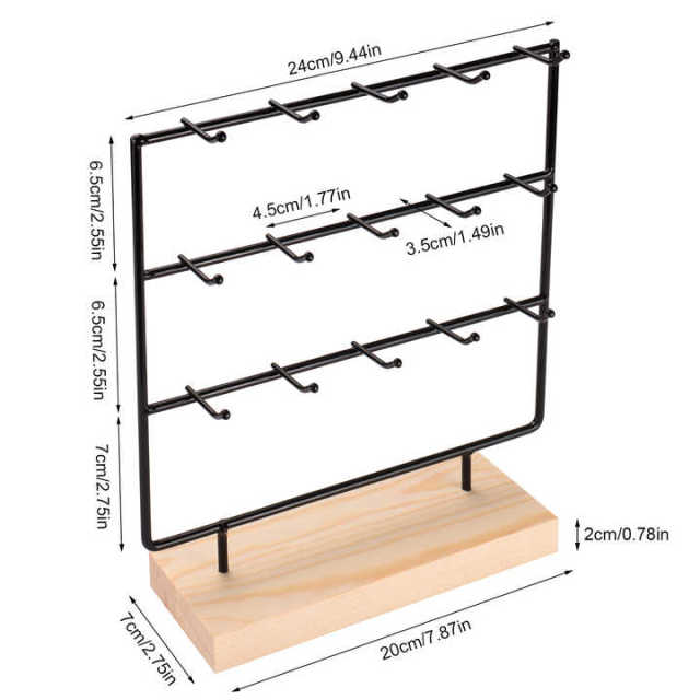 Earring Rack Organizer Earring Display Rack Jewelry Display Rack Wooden Necklace Base Ring Bracelet Black 4 Layers 24 Hooks