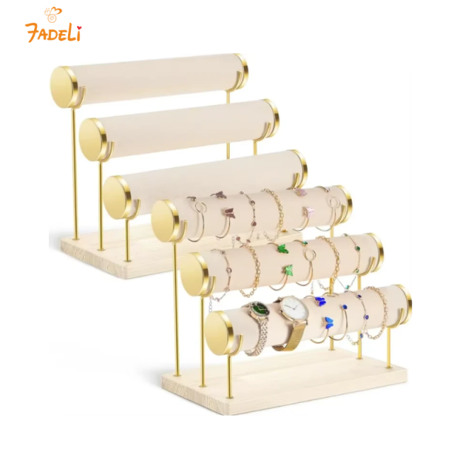 FADELI 3 Tiers Detachable Bracelet Holder Velvet Jewelry Display Stand Stylish Wrist Watch Organizer Stand Holder with Wooden Tray