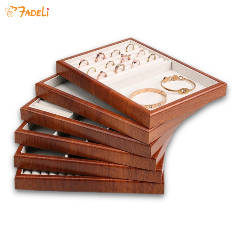 FADELI Factory Custom Wood Ring Earring Bracelet Handmade Wooden Jewelry Display Tray Linen Jewelry Display Trays