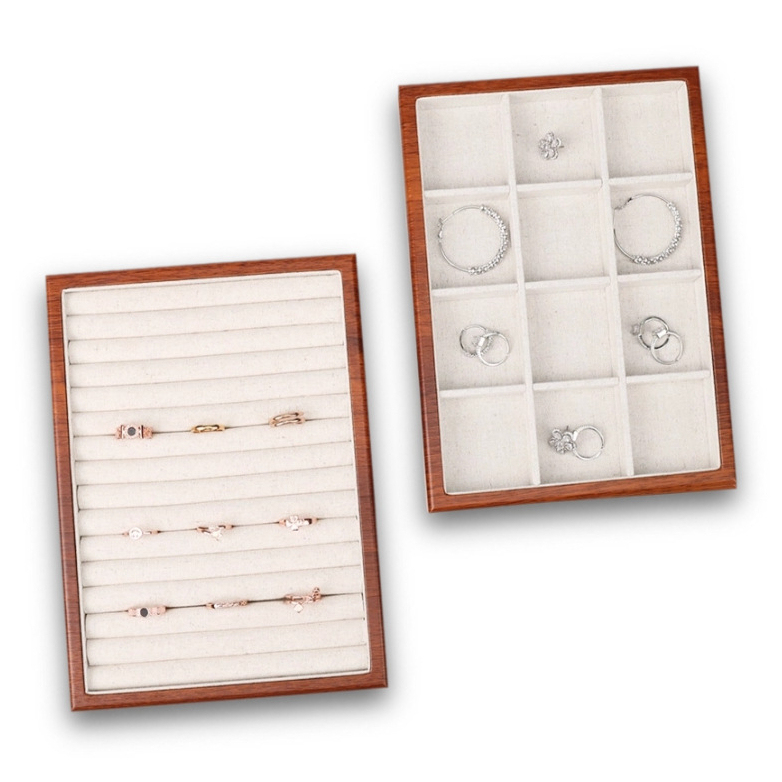 FADELI Factory Custom Wood Ring Earring Bracelet Handmade Wooden Jewelry Display Tray Linen Jewelry Display Trays