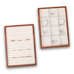 FADELI Factory Custom Wood Ring Earring Bracelet Handmade Wooden Jewelry Display Tray Linen Jewelry Display Trays
