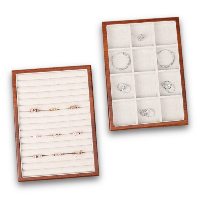 FADELI Factory Custom Wood Ring Earring Bracelet Handmade Wooden Jewelry Display Tray Linen Jewelry Display Trays