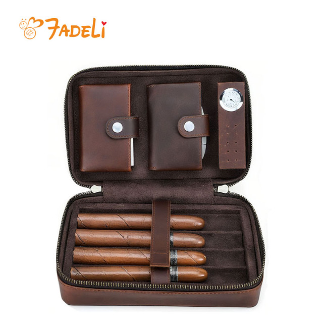 FADELI Custom Travel Cigar Humidor Case Embossed Logo Genuine Leather Cigar Storage Box for 4 Cigars with Digital Hygrometer Wholesale
