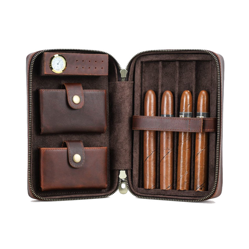 FADELI Custom Travel Cigar Humidor Case Embossed Logo Genuine Leather Cigar Storage Box for 4 Cigars with Digital Hygrometer Wholesale