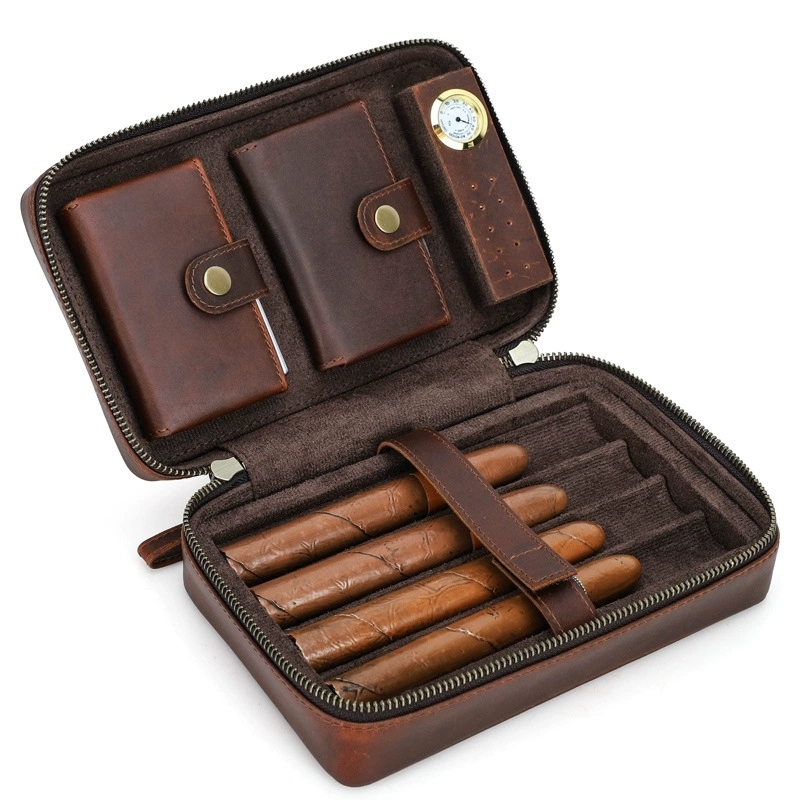 FADELI Custom Travel Cigar Humidor Case Embossed Logo Genuine Leather Cigar Storage Box for 4 Cigars with Digital Hygrometer Wholesale