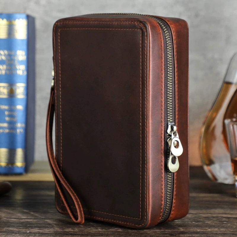 FADELI Custom Travel Cigar Humidor Case Embossed Logo Genuine Leather Cigar Storage Box for 4 Cigars with Digital Hygrometer Wholesale