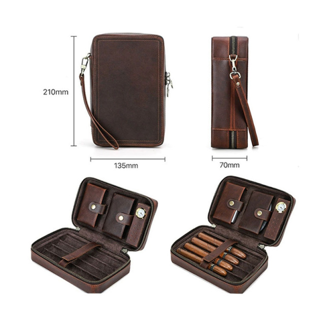 FADELI Custom Travel Cigar Humidor Case Embossed Logo Genuine Leather Cigar Storage Box for 4 Cigars with Digital Hygrometer Wholesale