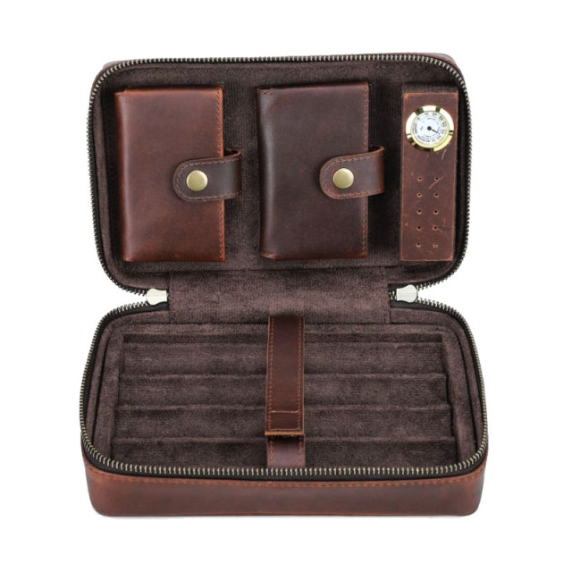 FADELI Custom Travel Cigar Humidor Case Embossed Logo Genuine Leather Cigar Storage Box for 4 Cigars with Digital Hygrometer Wholesale