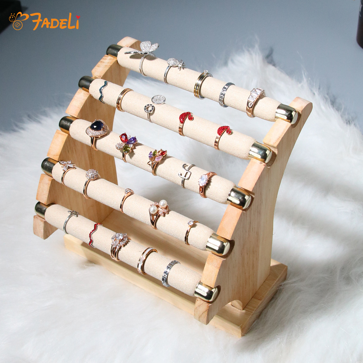 Luxury Stock Removable Engagement Solid Wood Microfiber 5 Layer T-Bar Jewelry Ring Organizer Holder Jewelry Storage Display