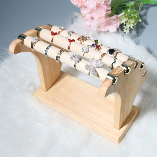 Luxury Stock Removable Engagement Solid Wood Microfiber 5 Layer T-Bar Jewelry Ring Organizer Holder Jewelry Storage Display
