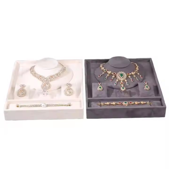 Luxury Unique Cream Gray Velvet Jewelry Presentation Tray Stackable Ring Earrings Necklace Bracelet Jewelry Storage Display Tray