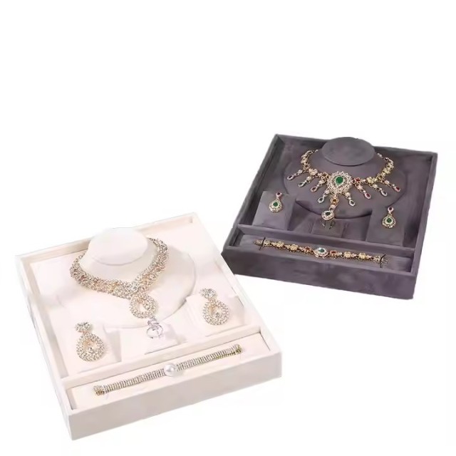 Luxury Unique Cream Gray Velvet Jewelry Presentation Tray Stackable Ring Earrings Necklace Bracelet Jewelry Storage Display Tray