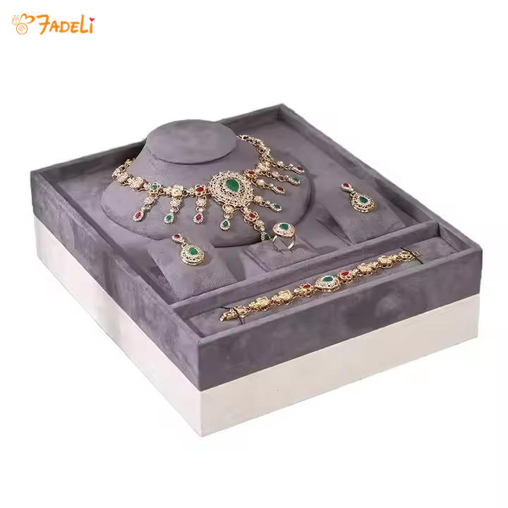 Luxury Unique Cream Gray Velvet Jewelry Presentation Tray Stackable Ring Earrings Necklace Bracelet Jewelry Storage Display Tray