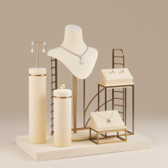 FADELI Beige Microfiber Jewelry Display Set Gold Color Brush Finish Metal Jewelry Display Stand for Jewelry Window showcase