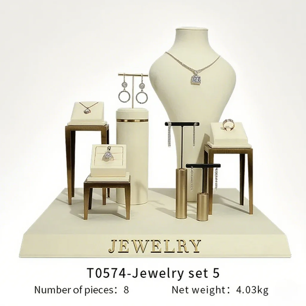 FADELI Jewellery Stand Display Covered Grey Microfiber Jewelry Display Bracelet Necklace Ring Earring Full Set