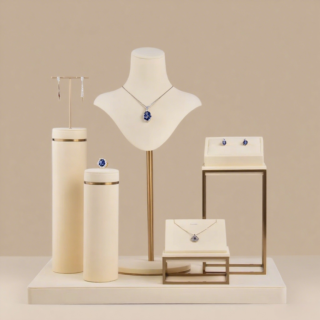 FADELI Beige Microfiber Jewelry Display Set Gold Color Brush Finish Metal Jewelry Display Stand for Jewelry Window showcase