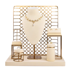 FADELI Beige Microfiber Jewelry Display Set Gold Color Brush Finish Metal Jewelry Display Stand for Jewelry Window showcase