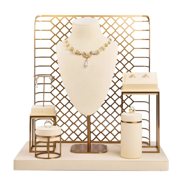 FADELI Beige Microfiber Jewelry Display Set Gold Color Brush Finish Metal Jewelry Display Stand for Jewelry Window showcase