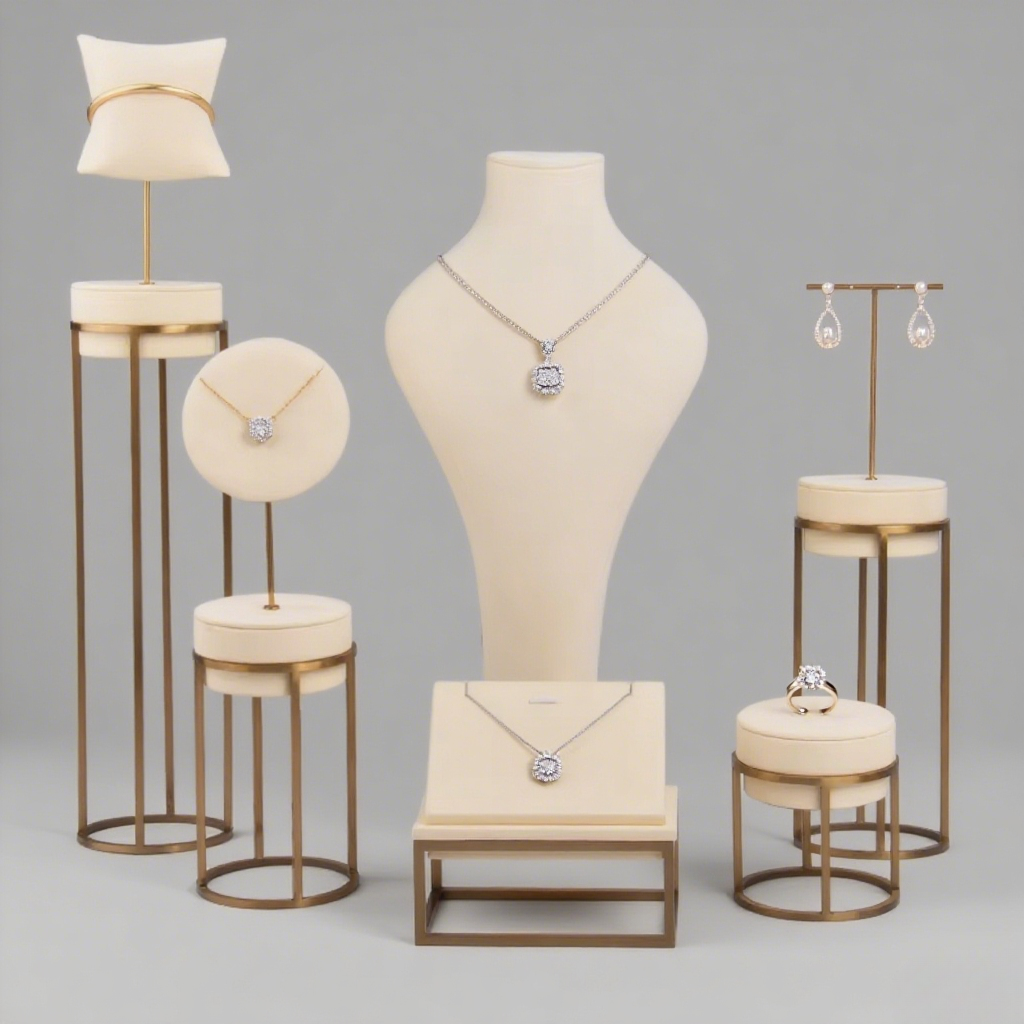 FADELI Beige Microfiber Jewelry Display Set Gold Color Brush Finish Metal Jewelry Display Stand for Jewelry Window showcase