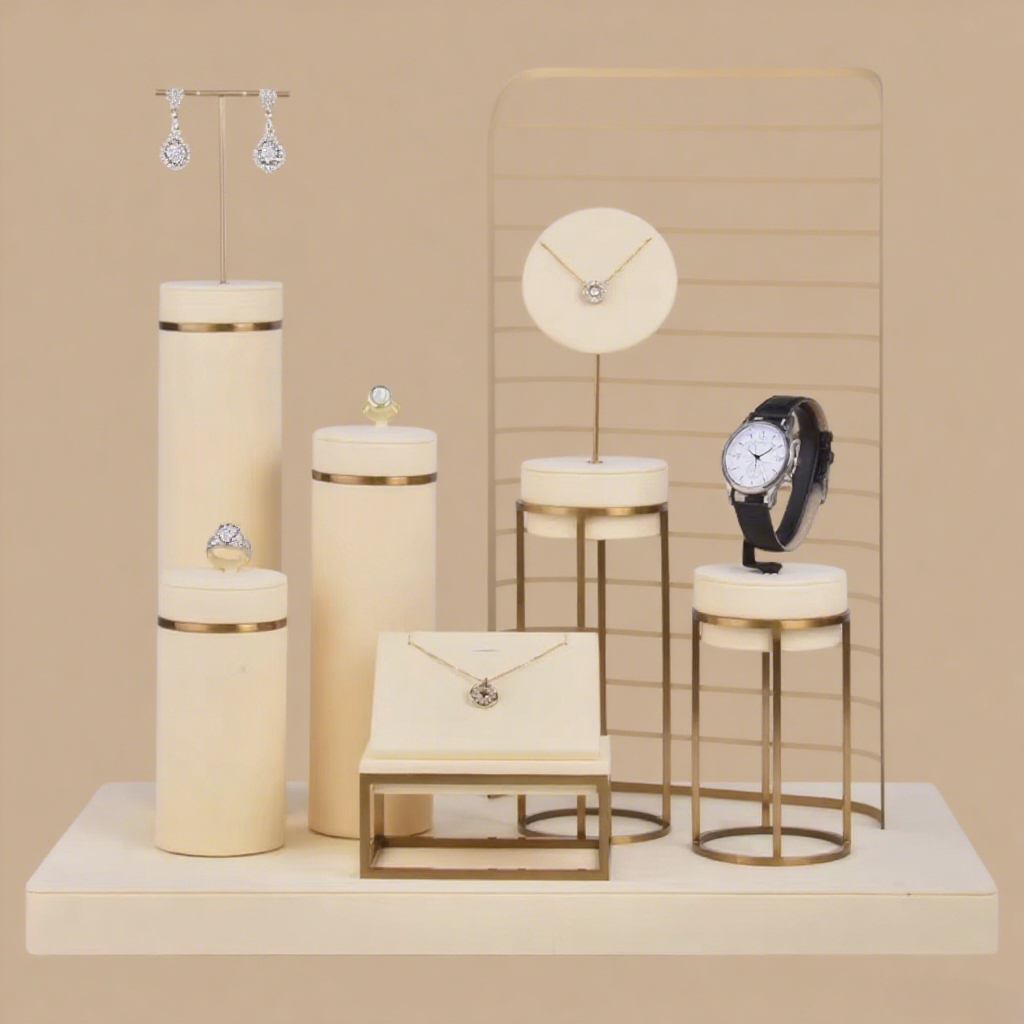 FADELI Beige Microfiber Jewelry Display Set Gold Color Brush Finish Metal Jewelry Display Stand for Jewelry Window showcase