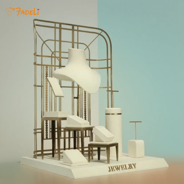 FADELI Jewellery Stand Display Covered Grey Microfiber Jewelry Display Bracelet Necklace Ring Earring Full Set