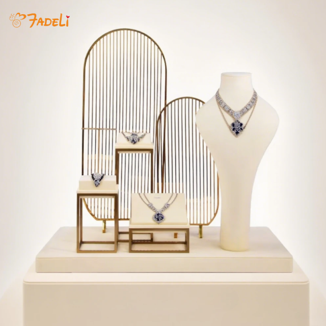 FADELI Beige Microfiber Jewelry Display Set Gold Color Brush Finish Metal Jewelry Display Stand for Jewelry Window showcase
