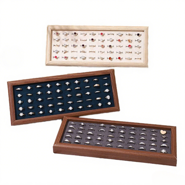 FADELI Wholesale Cheap Price Wood Pattern Soft Green Blue White Pink Gray Velvet Material MDF Frame Jewelry Ring Display Tray