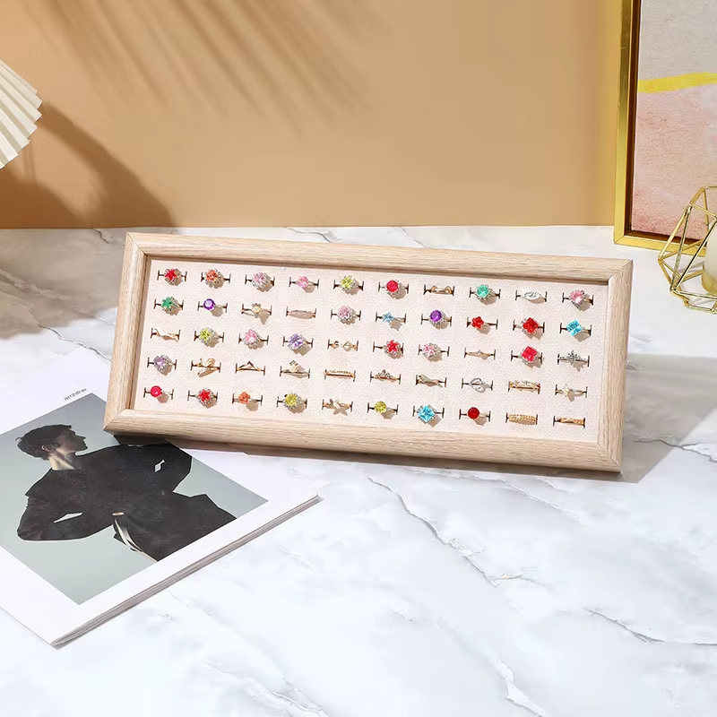 FADELI Wholesale Cheap Price Wood Pattern Soft Green Blue White Pink Gray Velvet Material MDF Frame Jewelry Ring Display Tray