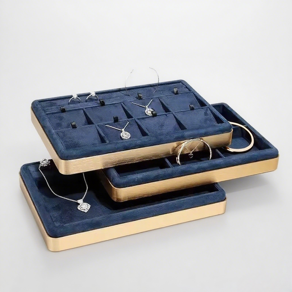 FADELI Jewellery Trays Blue Suede Leather Jewelry Metal Display Custom Necklace Jewelry Display Tray Jewelry Display