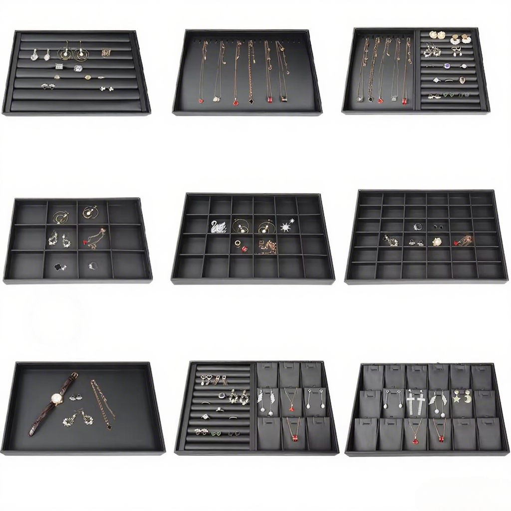 FADELI Wholesale Customized Black PU Leather Necklace Bracelet Pendant Jewelry Display Tray for Jewelry Shop