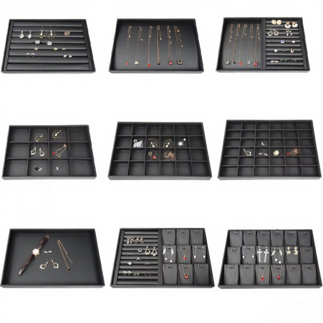 FADELI Wholesale Customized Black PU Leather Necklace Bracelet Pendant Jewelry Display Tray for Jewelry Shop