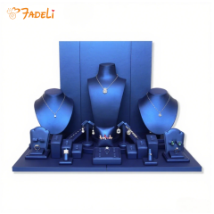 FADELI Custom Design Luxury Classic Blue PU Leather Covered Jewelry Display Stand for Earrings Ring Necklace Jewelry Display Set