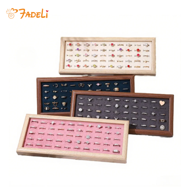 FADELI Wholesale Cheap Price Wood Pattern Soft Green Blue White Pink Gray Velvet Material MDF Frame Jewelry Ring Display Tray